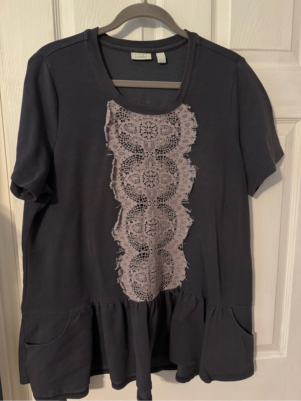 LOGO by Lori Goldstein Lace-Front Peplum Short Sleeve Top - Charcoal
